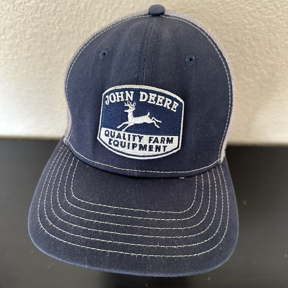 John Deere Men's Snapback Mesh Back Hat Blue Gray Embroidered Retro Logo - Picture 2 of 9